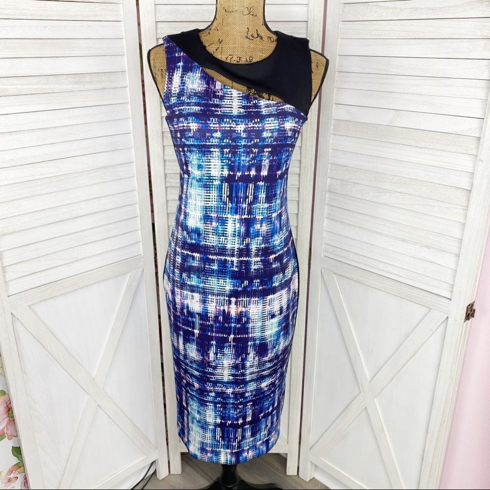 DKNYC Abstract Print Cutout Sheath Dress Blue‎ Black Multi Sleeveless Size 2
